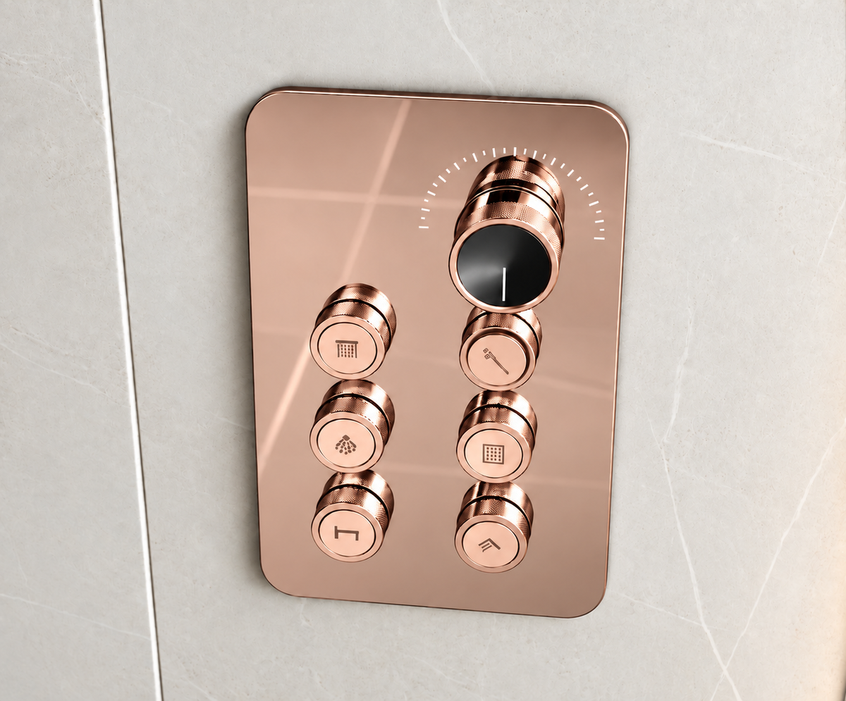 6-Way Thermostatic Diverter Brushed Rose Gold Finish, Brass Made, Wall-Mounted - For Bathroom & Spa Water Flow & Temperature Control