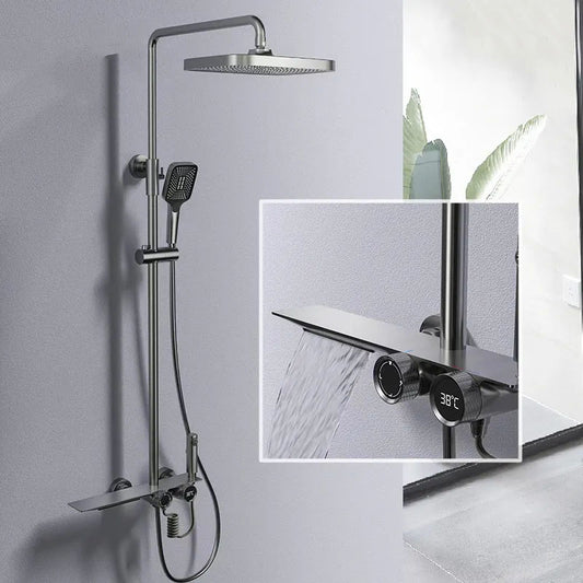 Gun Gray Thermostatic Shower Column Set | Wall-Mounted Shower System with Waterfall Spout, Rainfall Shower, Handheld Shower, Bidet Spray, & Digital Temperature Display