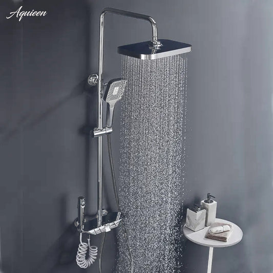 Chrome Piano Button Shower Column Set | Wall-Mounted Shower System with Waterfall Spout, Rainfall Shower, Handheld Shower, & Bidet Spray