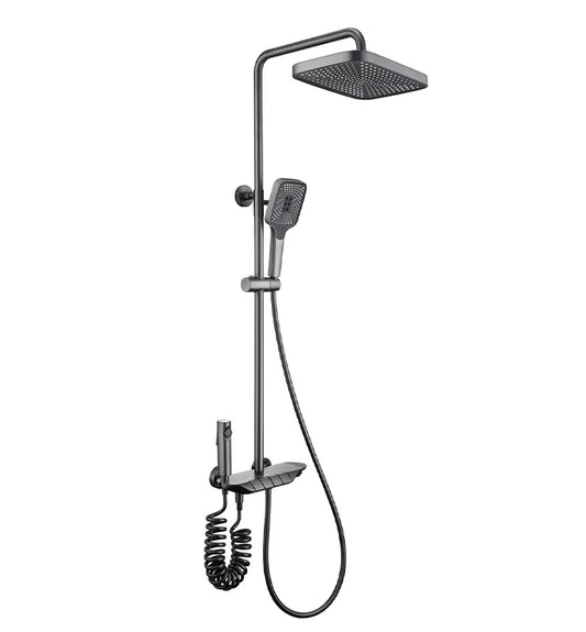 Gun Gray Piano Button Shower Column Set | Wall-Mounted Shower System with Waterfall Spout, Rainfall Shower, Handheld Shower, Bidet Spray, & Tap Spout