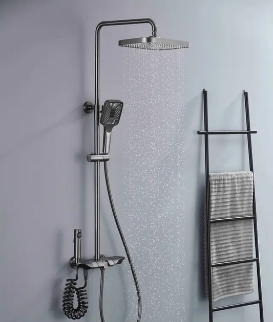 Gun Gray Piano Button Shower Column Set | Wall-Mounted Shower System with Waterfall Spout, Rainfall Shower, Handheld Shower, Bidet Spray, & Tap Spout