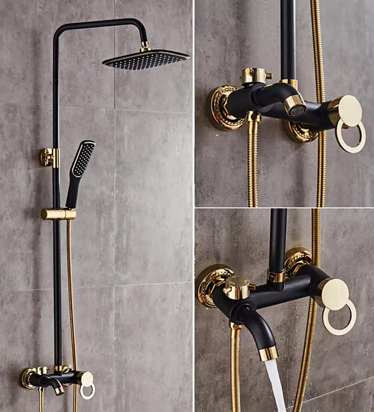 Shower Column Set in Black & Gold Finish | Wall-Mounted Shower System with Mixer Spout, Rainfall Shower, & Handheld Shower