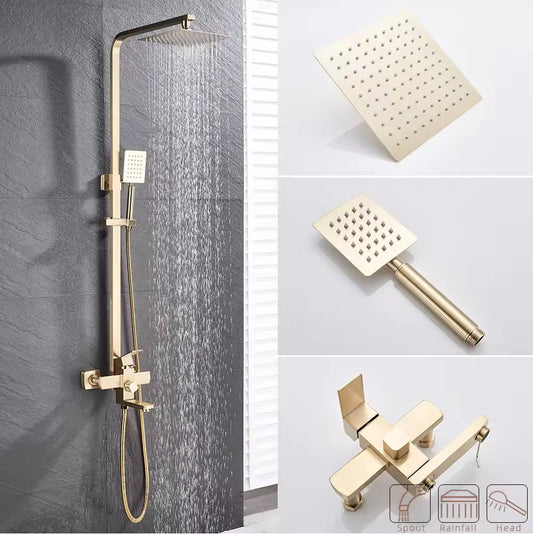 Shower Column Set in Brushed Gold Finish | Wall-Mounted Shower System with Mixer Spout, Rainfall Shower, & Handheld Shower