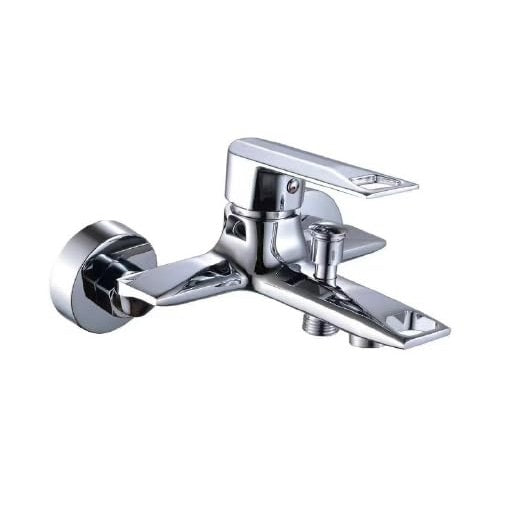 Single Lever Wall Mixer Faucet - Chrome Finish Brass Body with Overhead & Hand Shower Outlet, Modern Bathroom Mixer Tap, From Olive Series