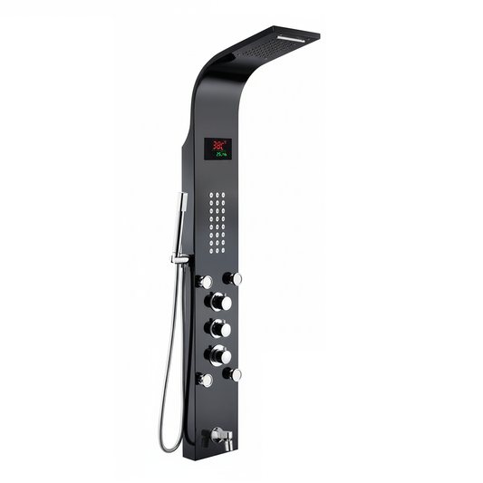 5-in-1 Wall-Mounted Black Shower Panel Set | Heavy-Duty SS304 Body with Overhead Shower, Hand Shower, Body Jet, Spout, Hot & Cold Water Flow Control & Temperature Display