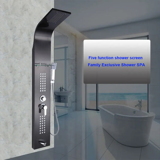5-in-1 Wall-Mounted Black Shower Panel Set | Heavy-Duty SS304 Body with Overhead Shower, Hand Shower, Body Jet, Spout, Hot & Cold Water Flow Control & Temperature Display