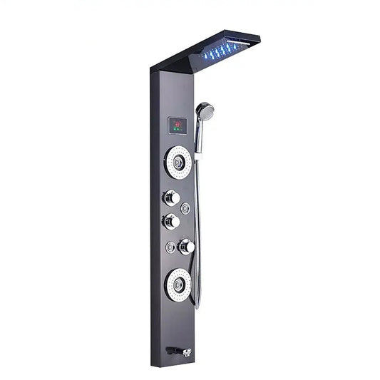 5-in-1 Wall-Mounted Black Shower Panel Set | Heavy-Duty SS304 Body with LED Overhead Shower, Hand Shower, Body Jet, Back Massage Spray, Spout, Hot & Cold Water Control, Temperature Display