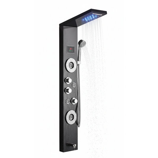 5-in-1 Wall-Mounted Black Shower Panel Set | Heavy-Duty SS304 Body with LED Overhead Shower, Hand Shower, Body Jet, Back Massage Spray, Spout, Hot & Cold Water Control, Temperature Display