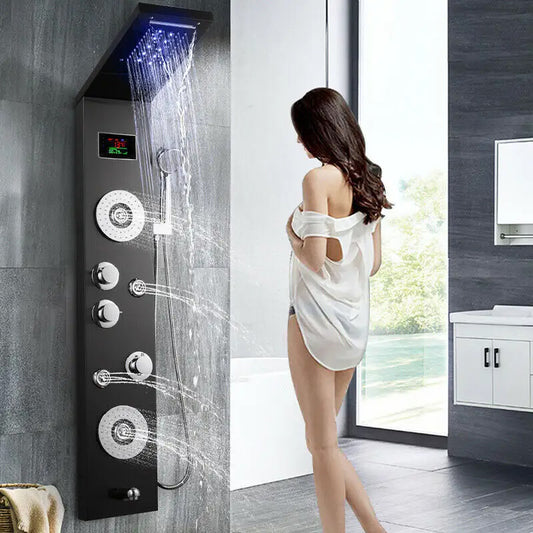 5-in-1 Wall-Mounted Black Shower Panel Set | Heavy-Duty SS304 Body with LED Overhead Shower, Hand Shower, Body Jet, Back Massage Spray, Spout, Hot & Cold Water Control, Temperature Display