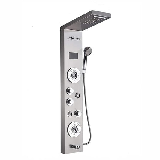 5-in-1 Wall-Mounted Grey Shower Panel Set | Heavy-Duty SS304 Body with LED Overhead Shower, Hand Shower, Body Jet, Back Massage Spray, Spout, Hot & Cold Water Control, Temperature Display
