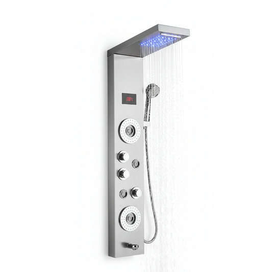 5-in-1 Wall-Mounted Grey Shower Panel Set | Heavy-Duty SS304 Body with LED Overhead Shower, Hand Shower, Body Jet, Back Massage Spray, Spout, Hot & Cold Water Control, Temperature Display