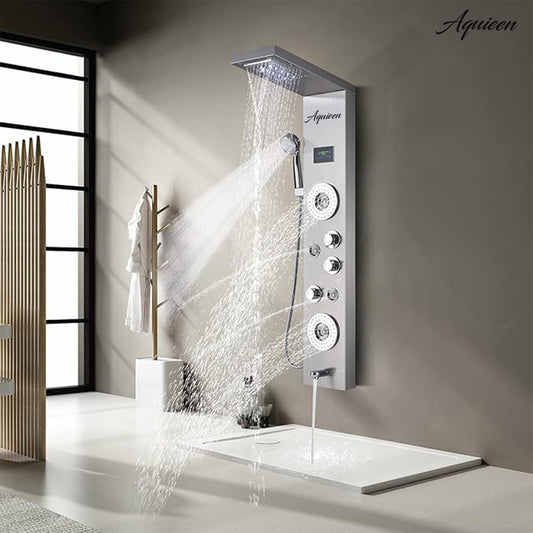 5-in-1 Wall-Mounted Grey Shower Panel Set | Heavy-Duty SS304 Body with LED Overhead Shower, Hand Shower, Body Jet, Back Massage Spray, Spout, Hot & Cold Water Control, Temperature Display