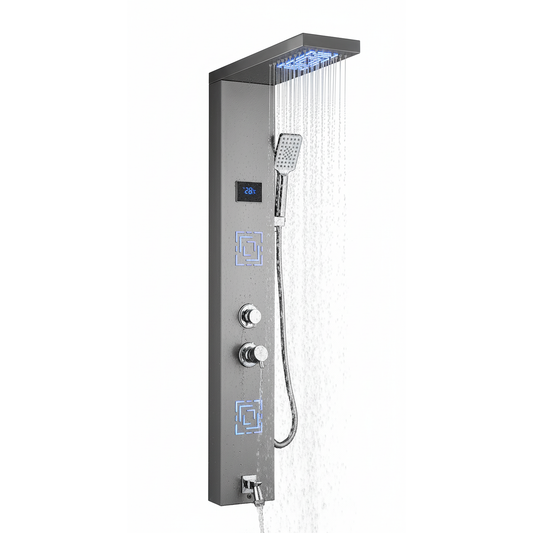 Grey Shower Panel with LED Waterfall Top Shower | Heavy-Duty SS304 Body with Brass Mixer | 5-Mode Shower System with Rainfall, Hand Shower, Body Jet, & Spout | Wall-Mounted Spa Shower Tower
