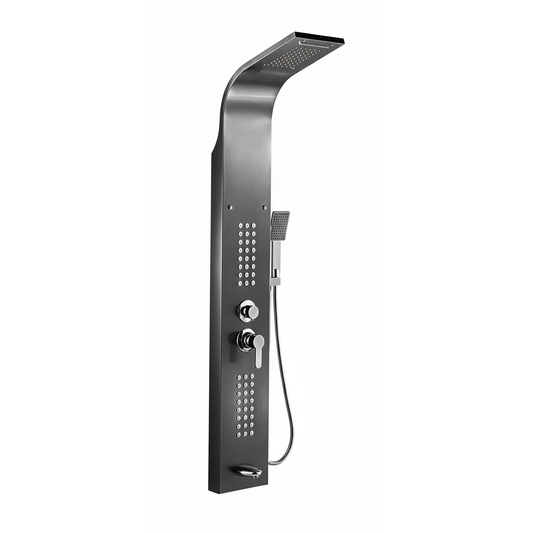 5-in-1 Wall-Mounted Black Shower Panel Set | Heavy-Duty SS304 Body with Overhead Shower, Hand Shower, Massage Spray, Spout, and Hot & Cold Water Control
