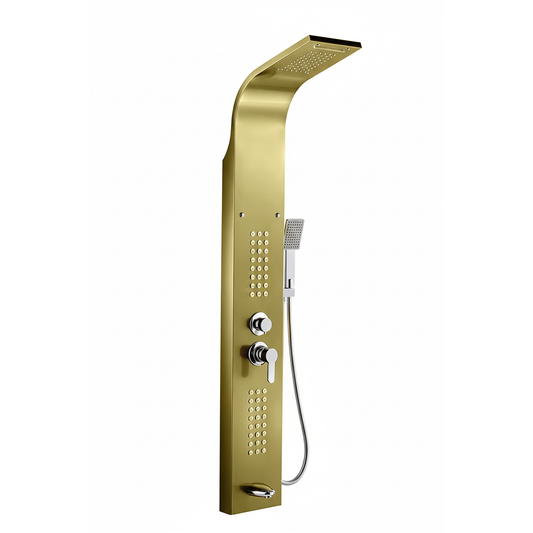 5-in-1 Wall-Mounted Gold Shower Panel Set | Heavy-Duty SS304 Body with Overhead Shower, Hand Shower, Massage Spray, Spout, and Hot & Cold Water Control