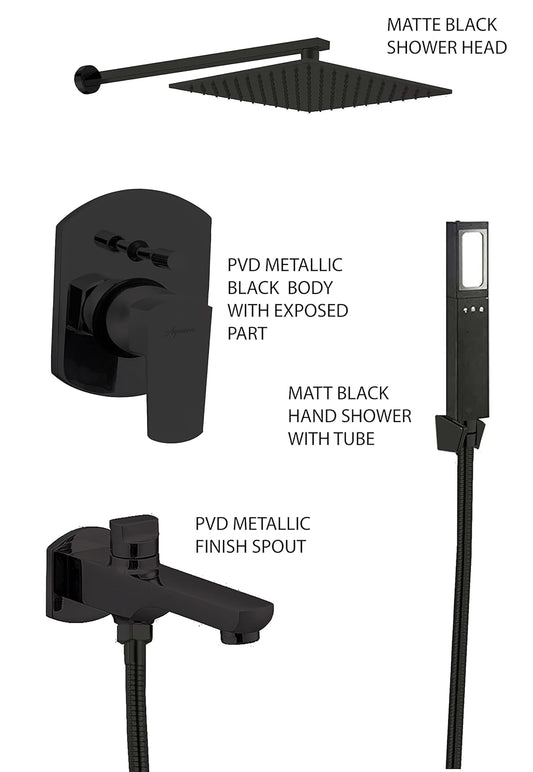 Matte black shower system components including a square rain shower head, a single-handle trim valve with exposed part, a handheld shower with tube, and a spout, labeled with text on a white background.