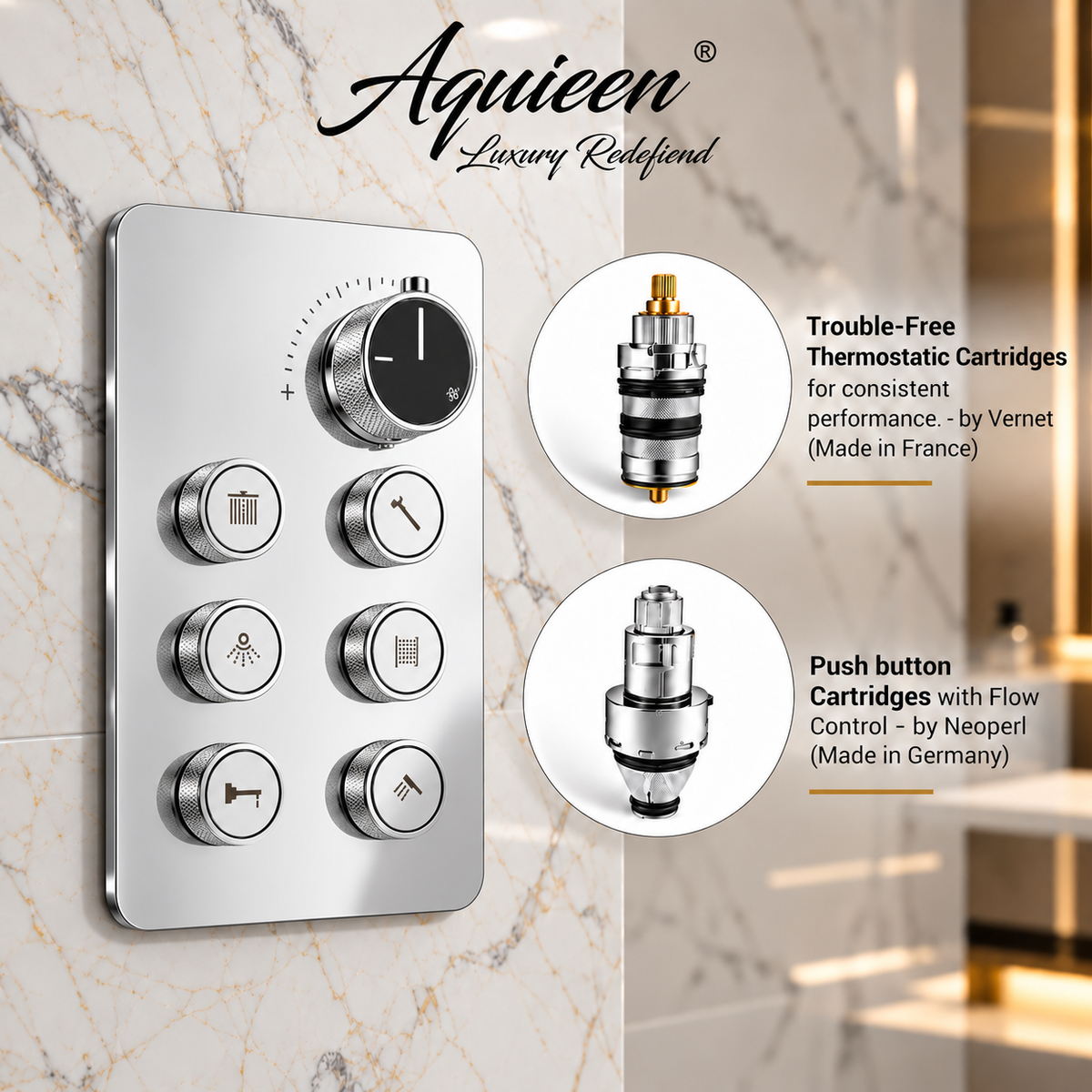 6-Way Thermostatic Diverter Chrome Finish, Brass Made, Wall-Mounted - For Bathroom & Spa Water Flow & Temperature Control