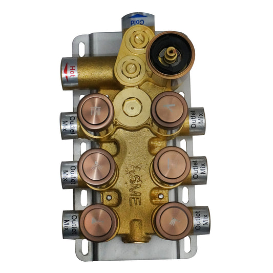 6-Way Thermostatic Diverter Rose Gold Finish, Brass Made, Wall-Mounted - For Bathroom & Spa Water Flow & Temperature Control