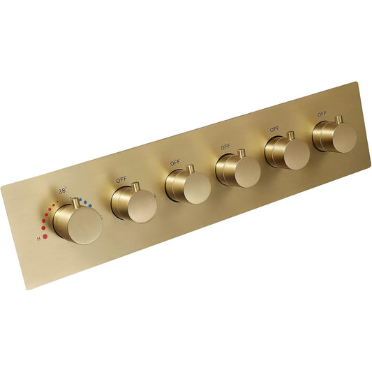 5-Way Thermostatic Diverter Brushed Gold Finish, Brass Made, Horizontal Wall-Mounted - For Showers, Hand Showers & Spa Setups