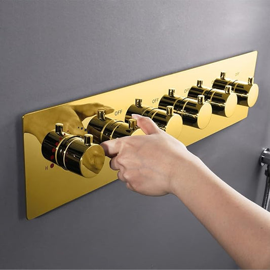 5-Way Thermostatic Diverter Gold Finish, Brass Made, Horizontal Wall-Mounted - For Showers, Hand Showers & Spa Setups