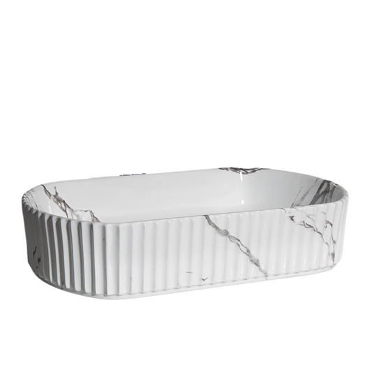 Deck-Mounted White Marble Finish Acrylic Freestanding Wash Basin Countertop Sink 510x310x115 mm - Elegant Vanity Basin for Modern Bathrooms