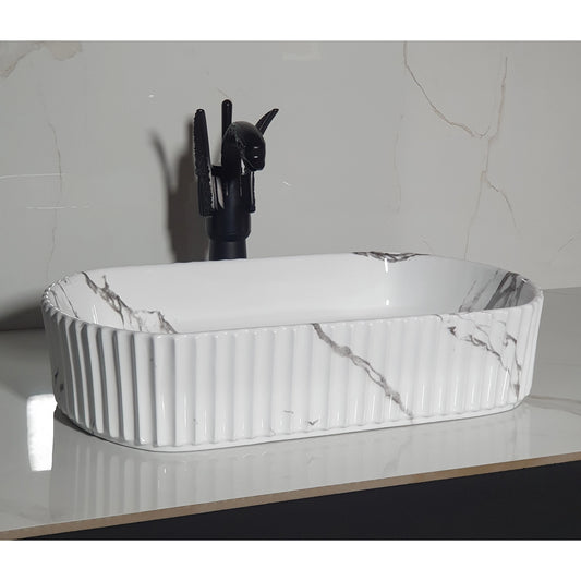 Deck-Mounted White Marble Finish Acrylic Freestanding Wash Basin Countertop Sink 510x310x115 mm - Elegant Vanity Basin for Modern Bathrooms