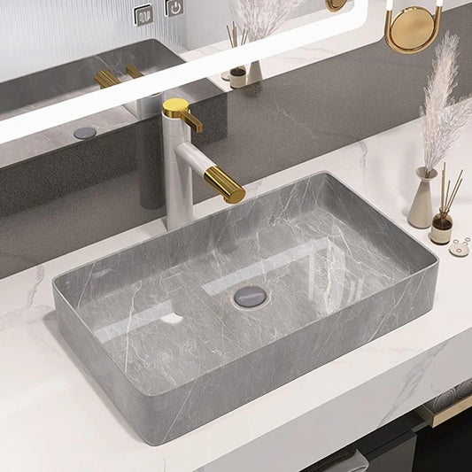 Deck-Mounted Marble Finish Acrylic Freestanding Wash Basin Countertop Sink 610x335x115 mm - Modern Bathroom Vanity Basin for Home & Commercial Use