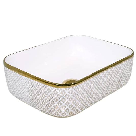 Deck-Mounted White & Gold Royal Finish Acrylic Wash Basin Countertop Sink 500x400x150 mm - Luxury Vanity Basin for Elegant Bathrooms & Premium Spaces