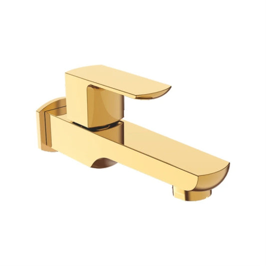 Brass Single Lever Long Body Bib Cock With Wall Flange | Wall-Mounted Heavy Brass Faucet with Gold Finish & PVD Coating | Water Tap for Bathroom, Kitchen, Toilet, Garden Usage - Zura Series