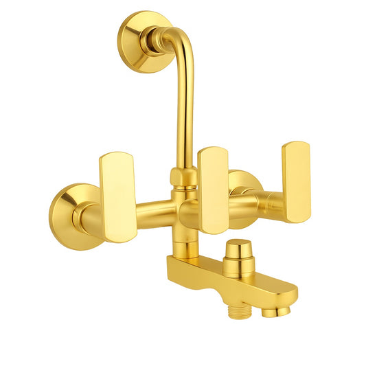 3-in-1 Wall Mixer with Leg Bend & Flange - Gold PVD Finish Brass Bathroom Tap with Connecting Legs - Zura Series
