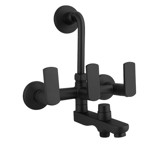 3-in-1 Wall Mixer with Leg Bend & Flange - Matte Black PVD Finish Brass Bathroom Tap with Connecting Legs - Zura Series