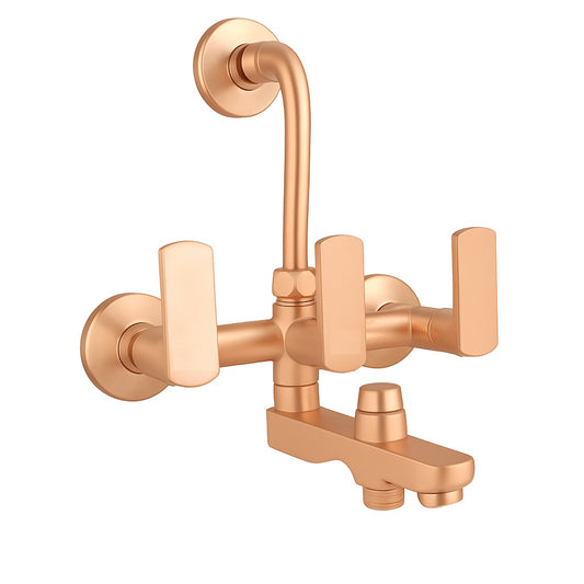 3-in-1 Wall Mixer with Leg Bend & Flange - Rose Gold PVD Finish Brass Bathroom Tap with Connecting Legs - Zura Series