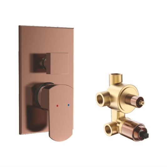 Single-Lever 3-Function Concealed Diverter with Exposed Part Kit | Heavy-Duty Brass Water Valve in Rose Gold Finish & PVD Coating | From & for Showers, Bathtubs & Bathroom Setups