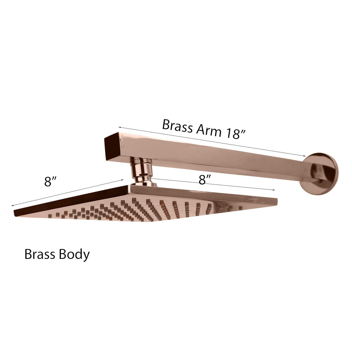 A rose gold shower head and arm set with dimension labels showing an 18-inch brass arm, 8-inch head width, and 8-inch head height, on a plain white background.