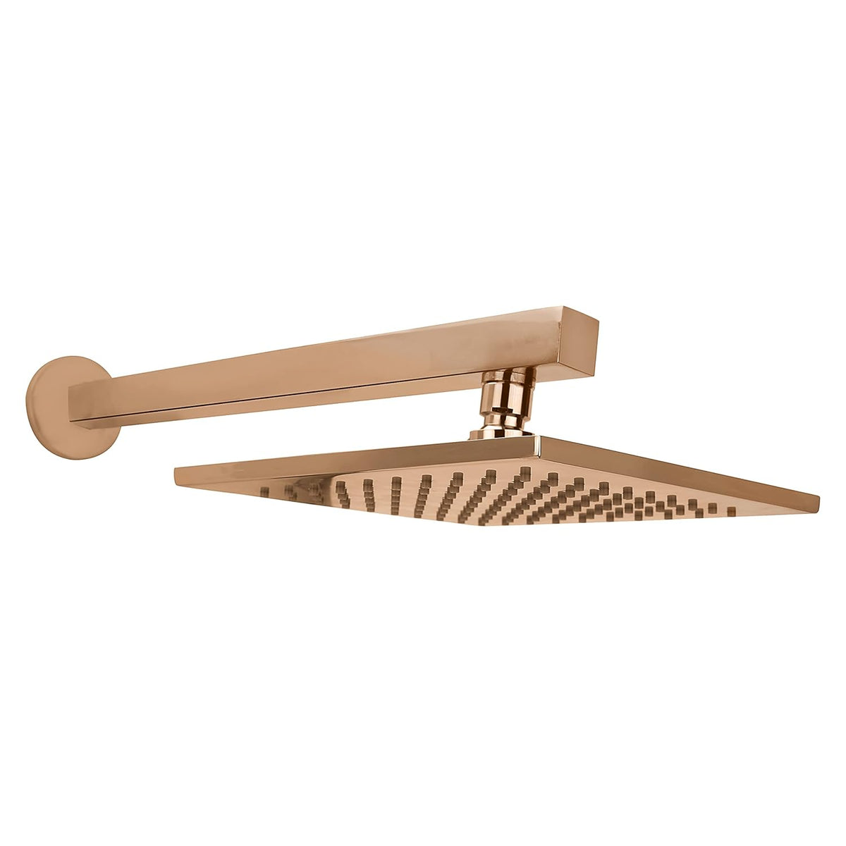 A modern square rain shower head with a matching wall-mounted arm, finished in a warm brushed rose gold metal, shown against a plain white background.