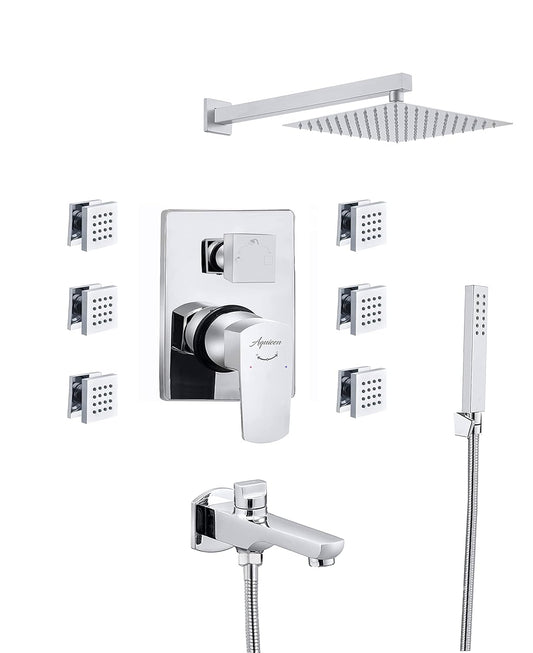 Aquieen Zura Diverter Set with Shower System & Hand Shower with Body jet (8" SHOWER (6 BODY JET))