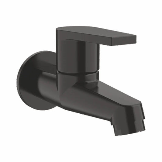 Brass Long Body Bib Cock with Wall Flange | Wall-Mounted Faucet in Matte Black Finish with PVD Coating | Bathroom, Kitchen Tap | Entice Series