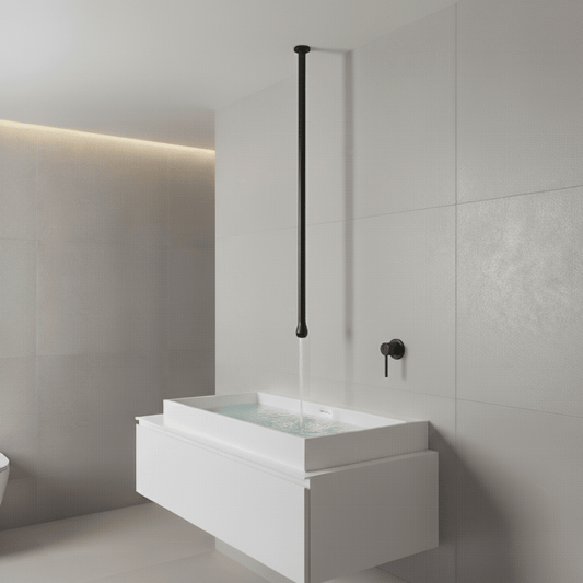 Hot & Cold Basin Mixer Tap in Matte Black Finish with Powder Coating | Ceiling-Mounted Faucet Made of Brass | From Drop Series