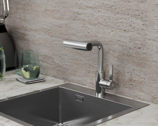 Hot & Cold Water Kitchen Sink Mixer Faucet with 4 Water Flow Functions – SS304 Stainless Steel Chrome Finish Deck-Mounted Sink Tap – Robo Series