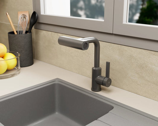 Hot & Cold Water Kitchen Sink Mixer Faucet with 4 Water Flow Functions – SS304 Stainless Steel Gun Grey Finish Deck-Mounted Sink Tap – Robo Series