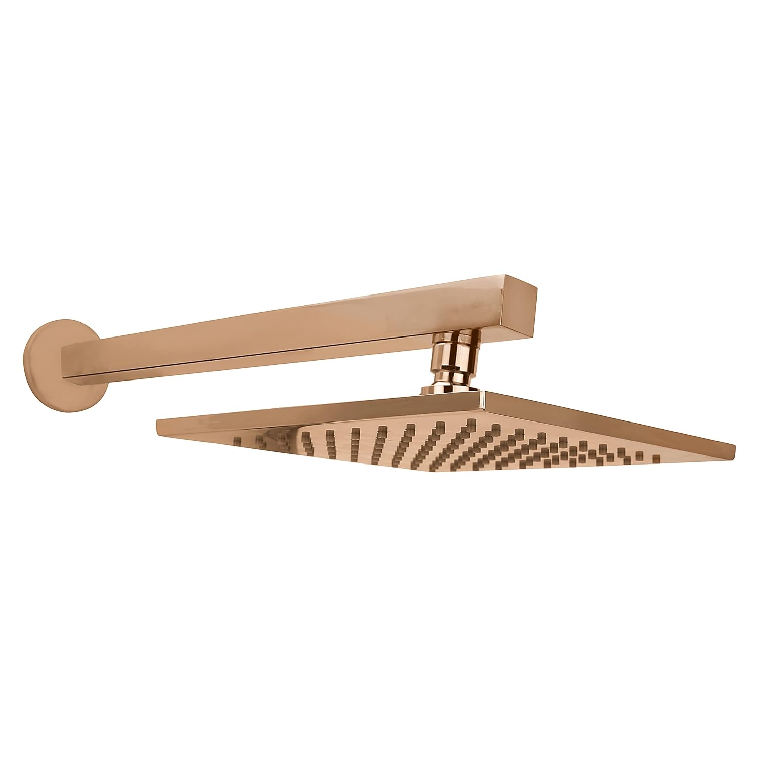 A modern square rain shower head with a matching wall-mounted arm, finished in a warm brushed rose gold metal, shown against a plain white background.
