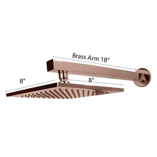 A square rain shower head with a long brass arm, shown on a white background with dimension labels indicating 8 inches for the shower head and 18 inches for the brass arm.