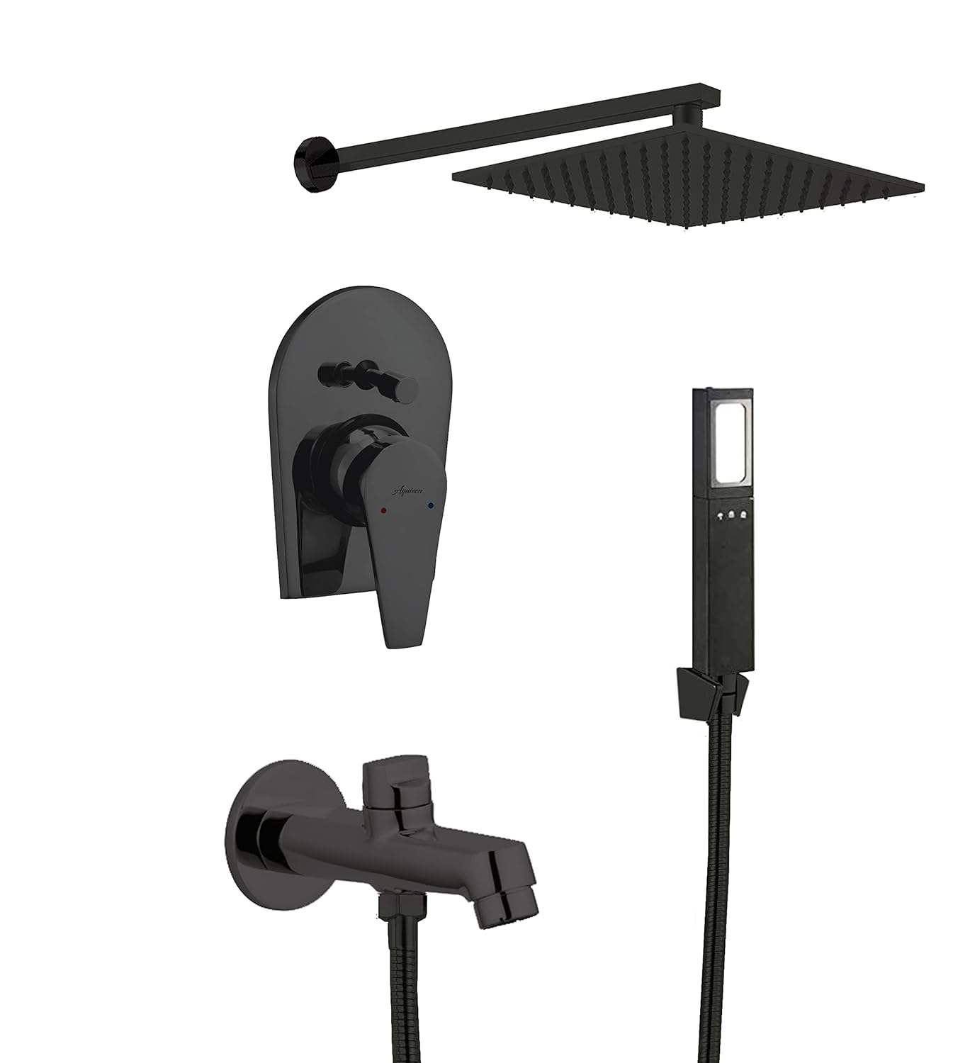 A matte black modern shower system set including a square rain shower head with arm, wall-mounted diverter handle, wall-mounted spout with handheld hose, and a rectangular digital control panel, shown on a plain white background.