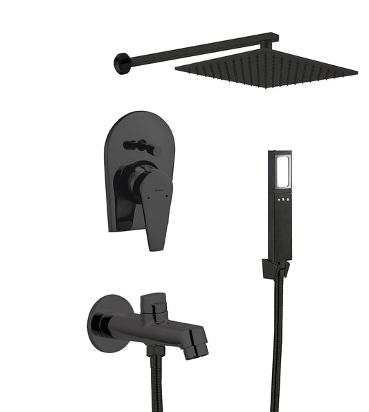 A matte black modern shower system set including a square rain shower head with arm, wall-mounted diverter handle, wall-mounted spout with handheld hose, and a rectangular digital control panel, shown on a plain white background.