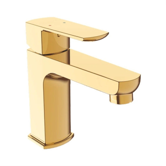 Zura Series Hot & Cold Water Basin Mixer Tap | Brass Basin Faucet | Gold Finish Sink Mixer Tap with PVD Coating | Deck-Mounted