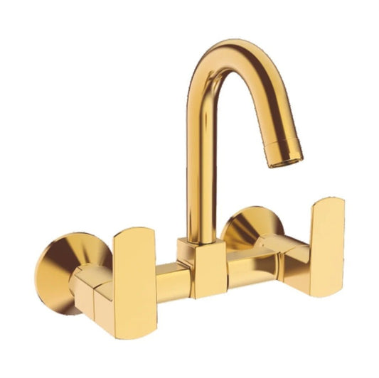 Zura Series Wall-Mounted Sink Mixer Tap with Connecting Legs & Wall Flange | Brass Faucet with PVD Coating & Luxurious Gold Finish