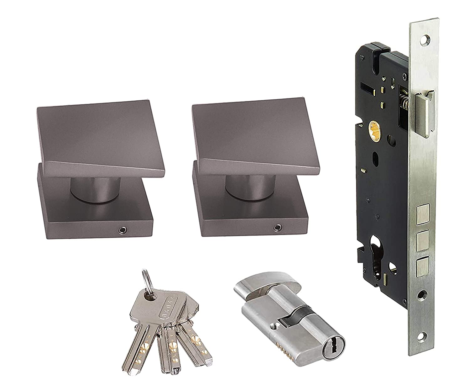 Aquieen Square MH 7064 Mortise Handle with 2 Stage Cylindrical Lock & 2 Key Set (Satin Black)