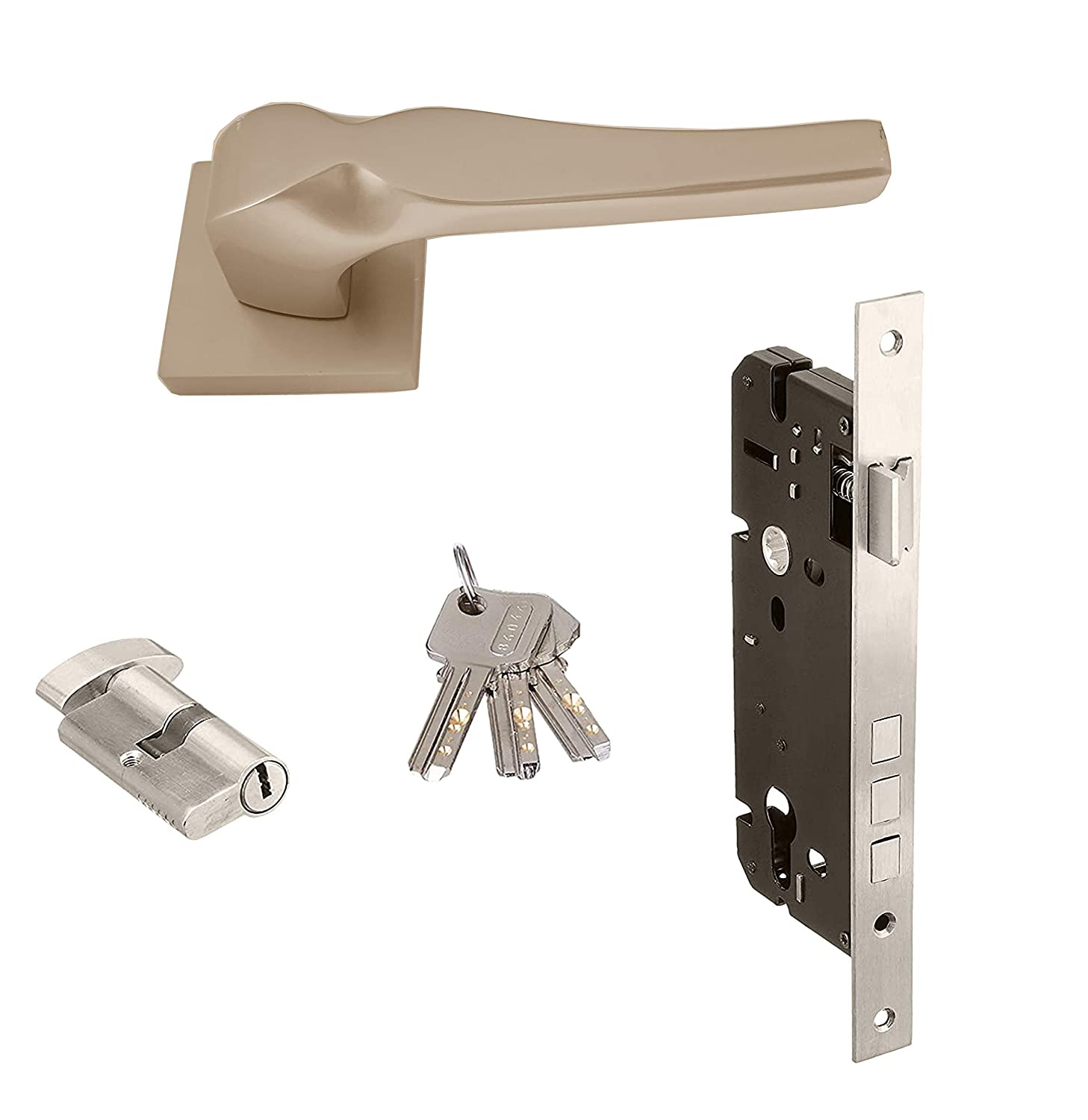 Aquieen MH-502 Malleable Mortise Handle Set wtih 2 Stage Cylindrical Lock & 5 Keys Complete Set (Chrome)