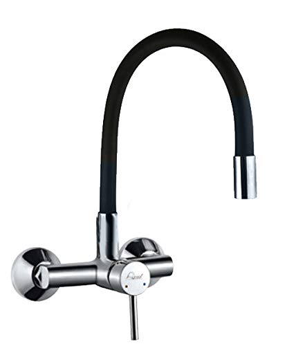 Aquieen Wall Mounted Single Lever Sink Mixer with provision for hot & cold water with 360 degree hi-neck spout, connecting legs & wall flanges (SLSM - Fluid - Black)