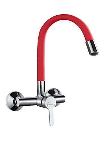 Aquieen Wall Mounted Single Lever Sink Mixer with provision for hot & cold water with 360 degree hi-neck spout, connecting legs & wall flanges (Fusion - Red)